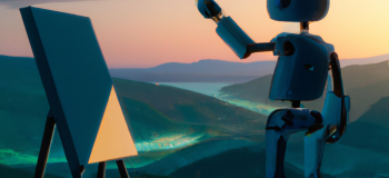DALL·E 2023-07-09 14.25.11 - a robot standing on a mountain-side and painting the sunset on a canvas